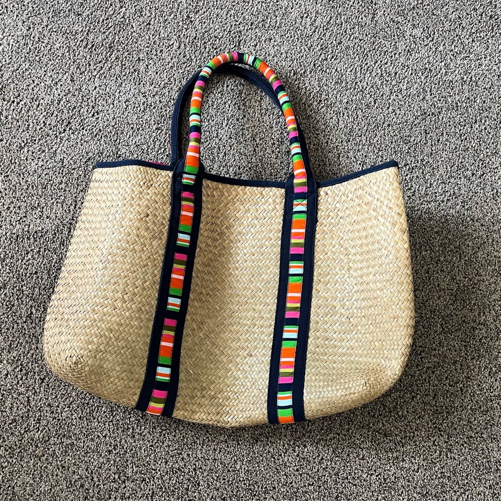 Large straw bag with striped handles